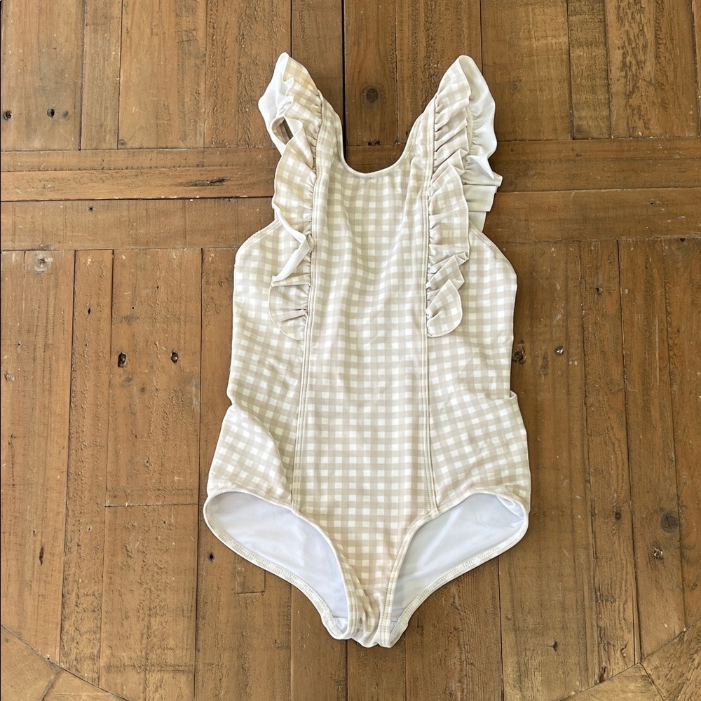 Minnow khaki gingham checkered plaid ruffled one piece swim suit 7-8 years